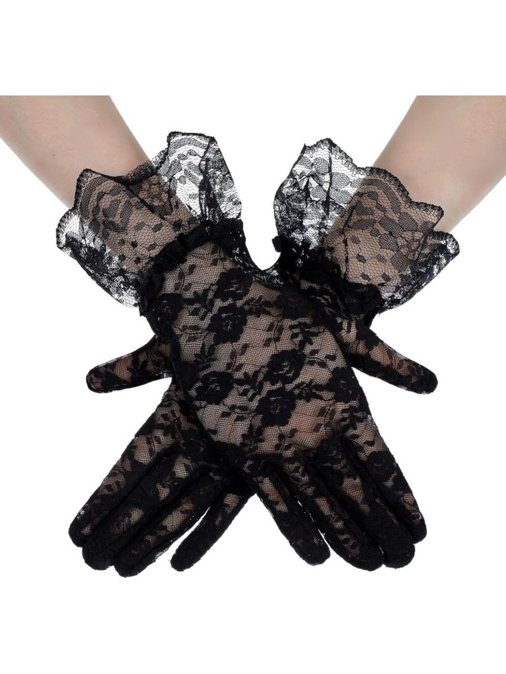 Womens Black Short Ruffled Wrist Cuffs Floral Lace Vintage Style Opera Gloves